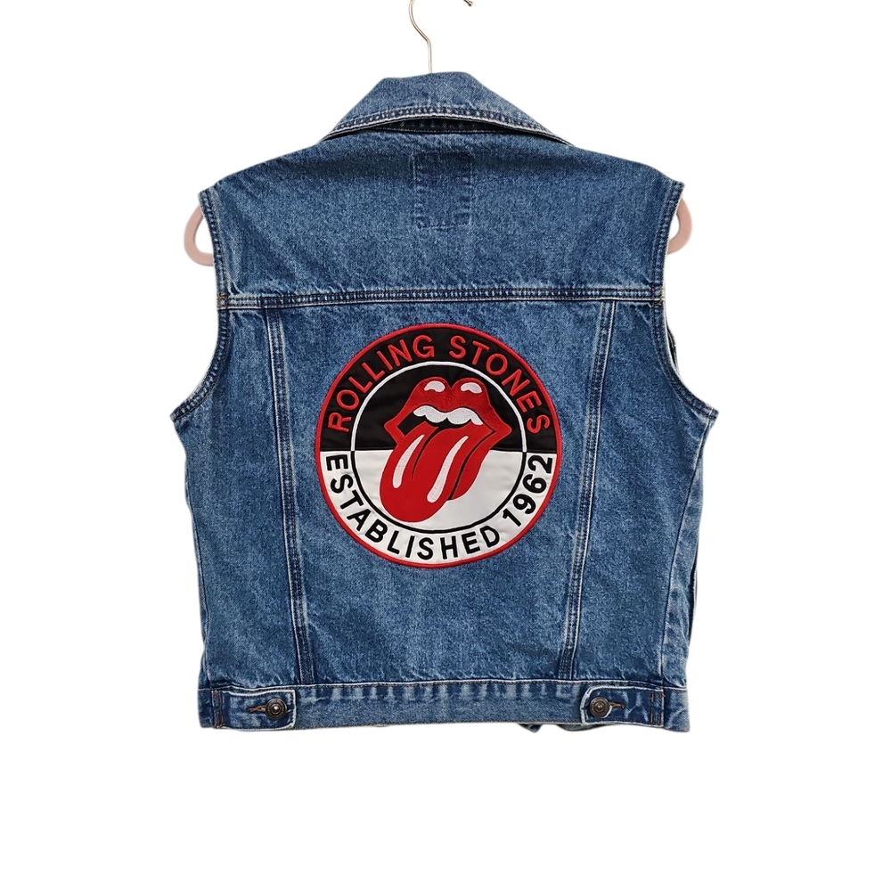 the Rolling Stones Denim Vest with Red Tongue Logo